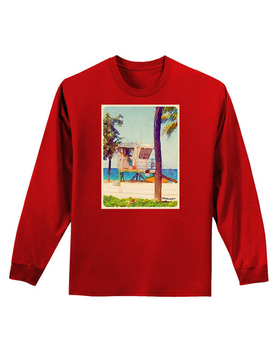 Lifeguard Station Watercolor Adult Long Sleeve Dark T-Shirt-TooLoud-Red-Small-Davson Sales