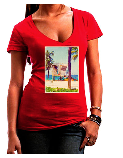 Lifeguard Station Watercolor Juniors V-Neck Dark T-Shirt-Womens V-Neck T-Shirts-TooLoud-Red-Juniors Fitted Small-Davson Sales