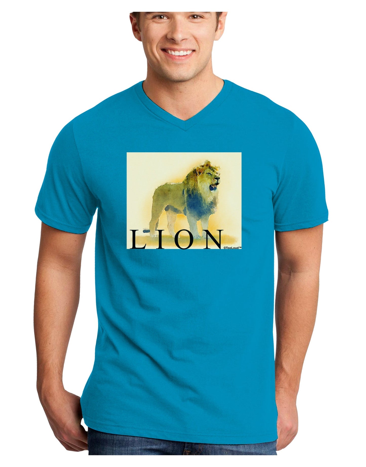 Lion Watercolor 1 Text Adult Dark V-Neck T-Shirt-TooLoud-Turquoise-Small-Davson Sales