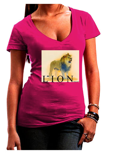 Lion Watercolor 1 Text Juniors V-Neck Dark T-Shirt-Womens V-Neck T-Shirts-TooLoud-Hot-Pink-Juniors Fitted Small-Davson Sales