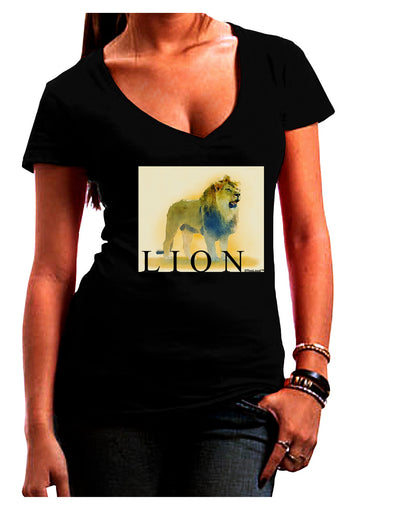 Lion Watercolor 1 Text Juniors V-Neck Dark T-Shirt-Womens V-Neck T-Shirts-TooLoud-Black-Juniors Fitted Small-Davson Sales