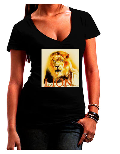 Lion Watercolor 4 Text Juniors V-Neck Dark T-Shirt-Womens V-Neck T-Shirts-TooLoud-Black-Juniors Fitted Small-Davson Sales