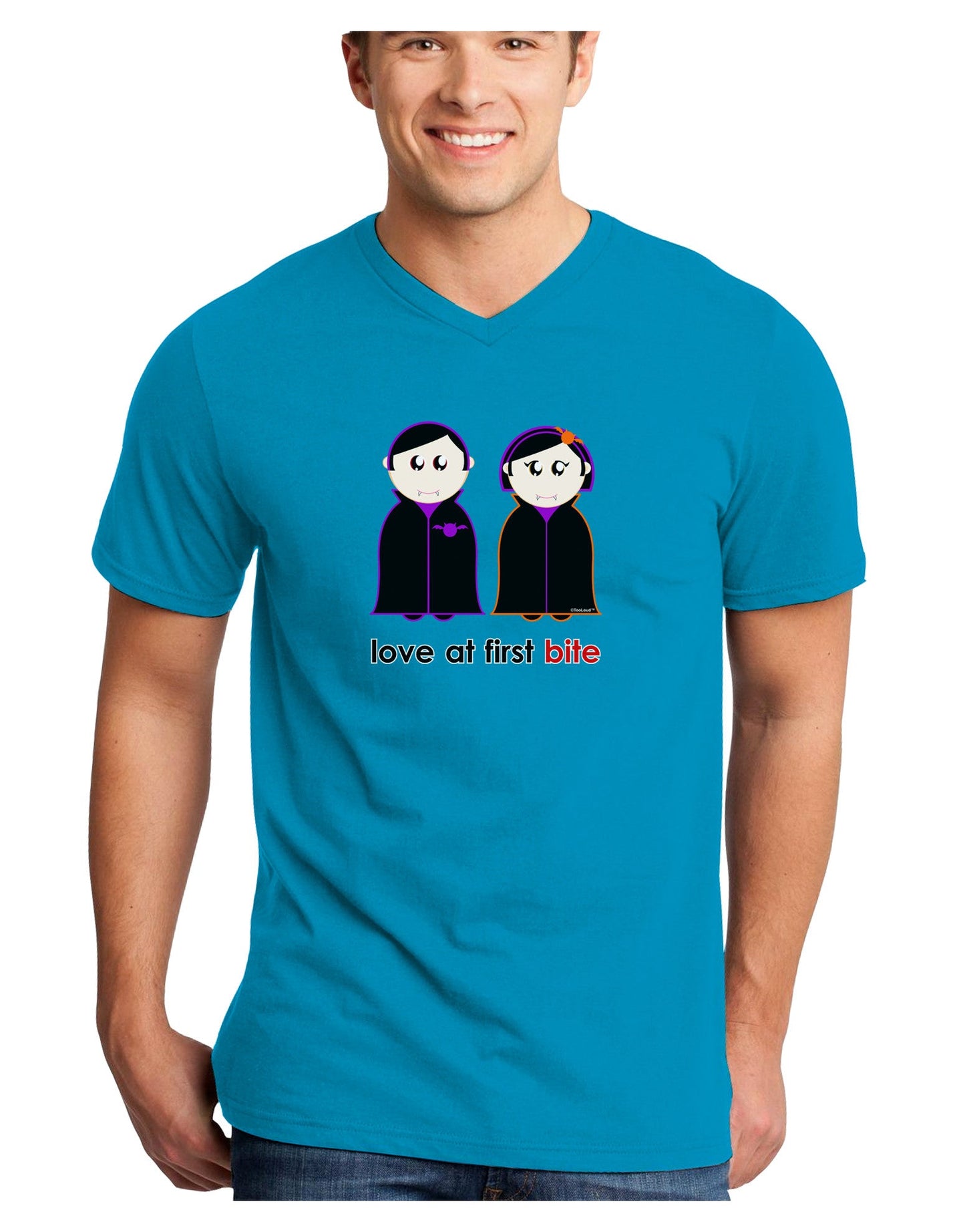 Love at First Bite Vampire Couple Halloween Adult Dark V-Neck T-Shirt-TooLoud-Turquoise-Small-Davson Sales