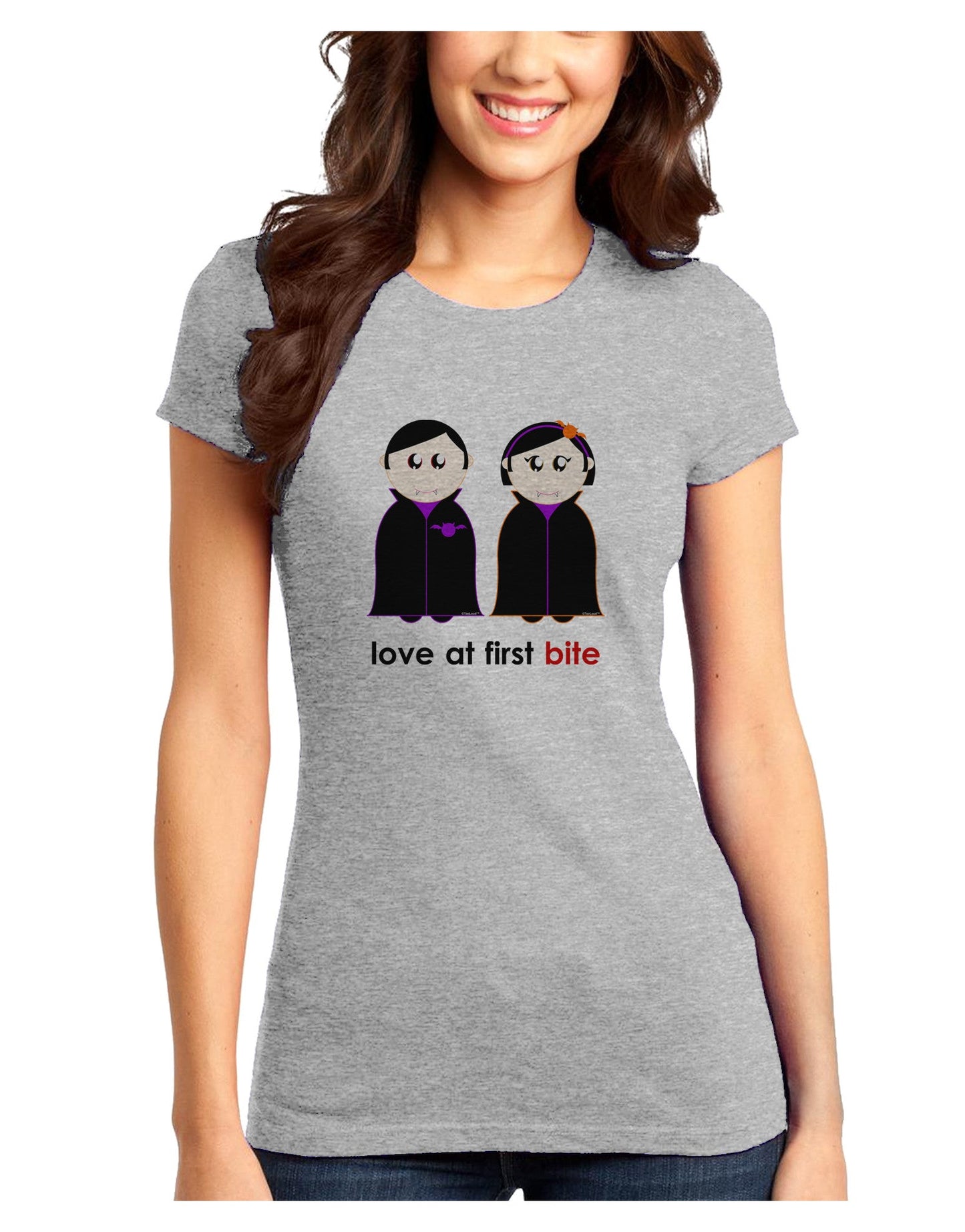 Love at First Bite Vampire Couple Halloween Juniors T-Shirt-Womens Juniors T-Shirt-TooLoud-Ash-Gray-Juniors Fitted XS-Davson Sales