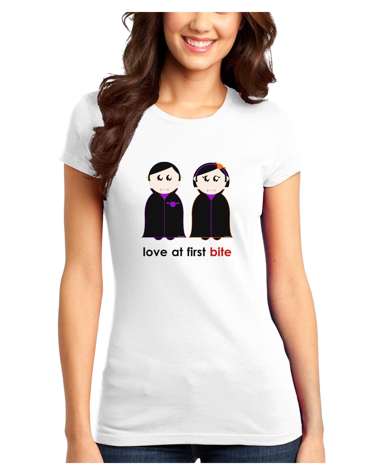 Love at First Bite Vampire Couple Halloween Juniors T-Shirt-Womens Juniors T-Shirt-TooLoud-White-Juniors Fitted XS-Davson Sales