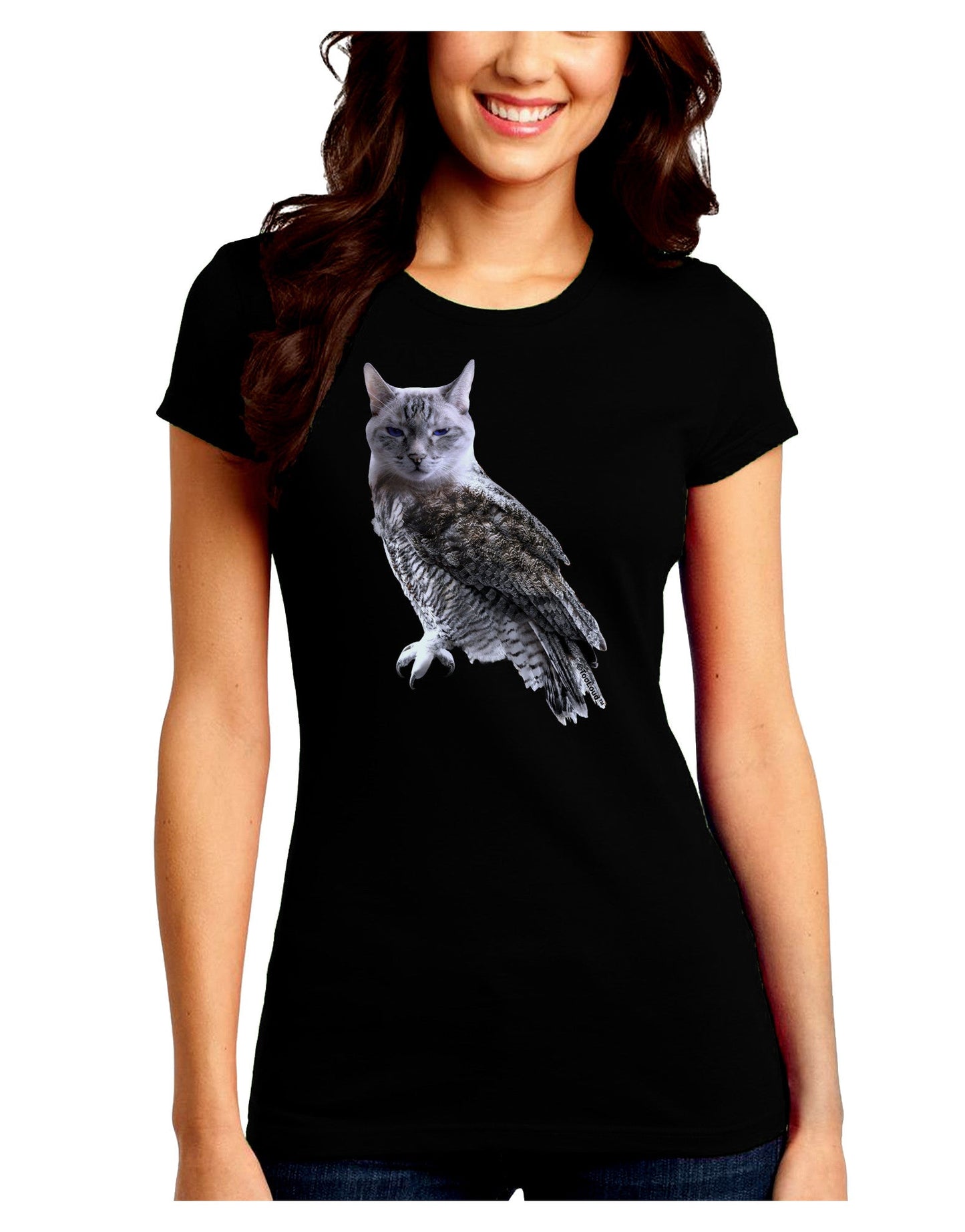 Lucky Cat Owl Juniors Petite Crew Dark T-Shirt-T-Shirts Juniors Tops-TooLoud-Black-Juniors Fitted Small-Davson Sales