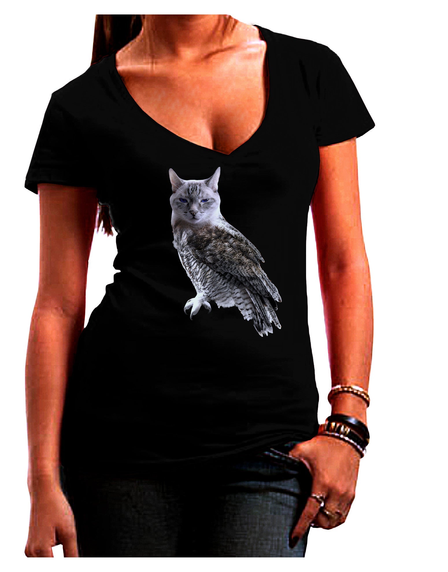 Lucky Cat Owl Womens V-Neck Dark T-Shirt-Womens V-Neck T-Shirts-TooLoud-Black-Juniors Fitted Small-Davson Sales