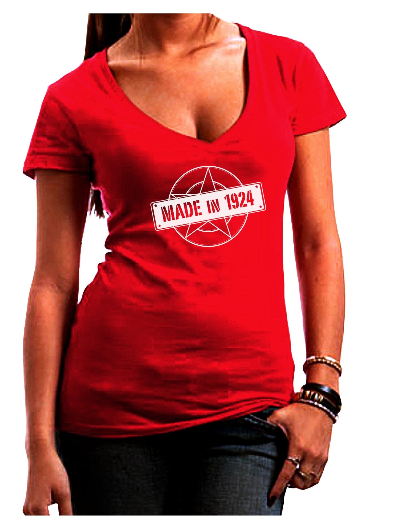 Made In Birth Year 1924 Juniors V-Neck Dark T-Shirt-Womens V-Neck T-Shirts-TooLoud-Red-Small-Davson Sales