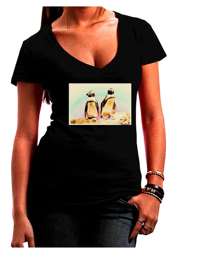 Magellanic Penguin Watercolor Juniors V-Neck Dark T-Shirt-Womens V-Neck T-Shirts-TooLoud-Black-Juniors Fitted Small-Davson Sales