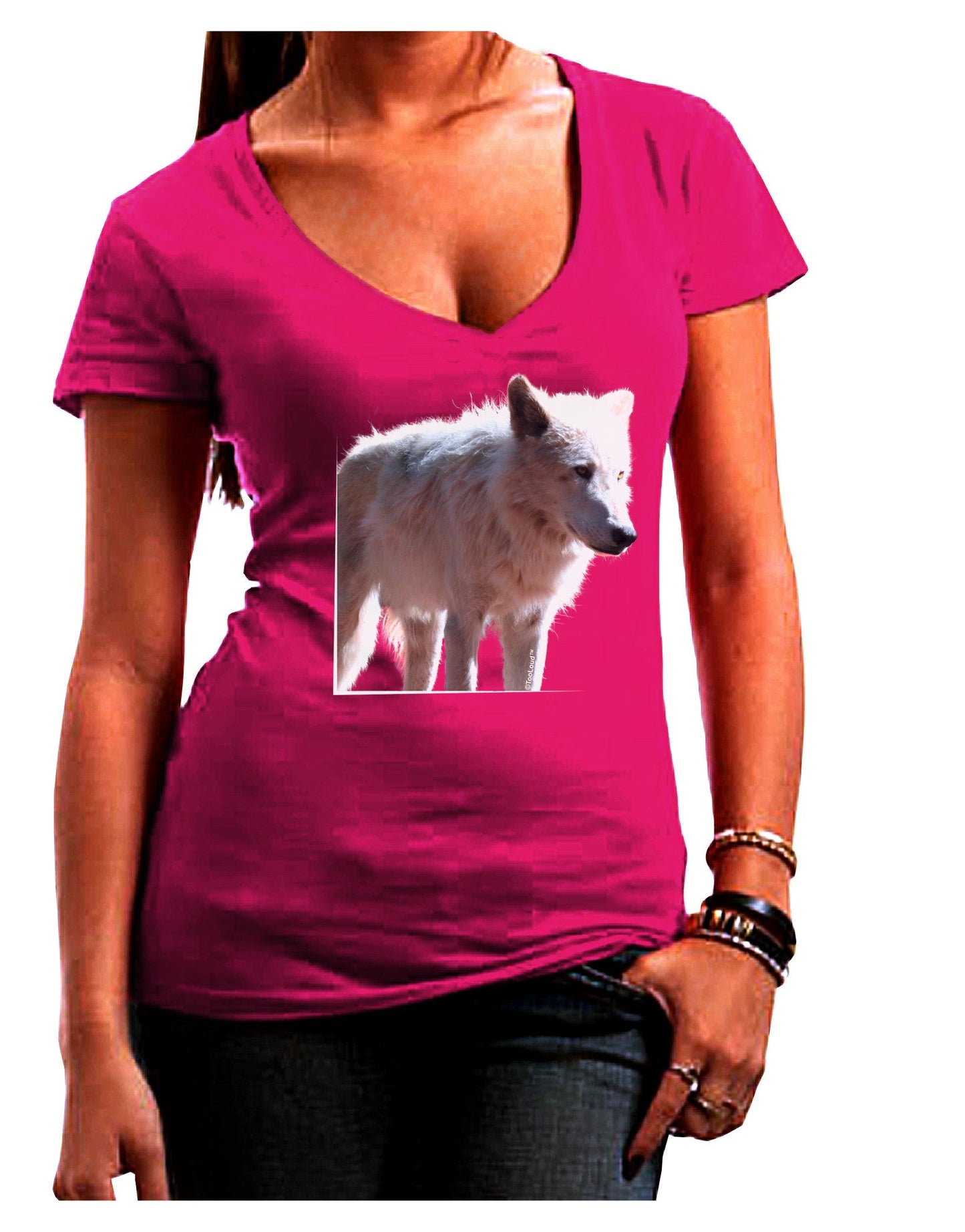Magnificent Full White Wolf Womens V-Neck Dark T-Shirt-Womens V-Neck T-Shirts-TooLoud-Hot-Pink-Juniors Fitted Small-Davson Sales