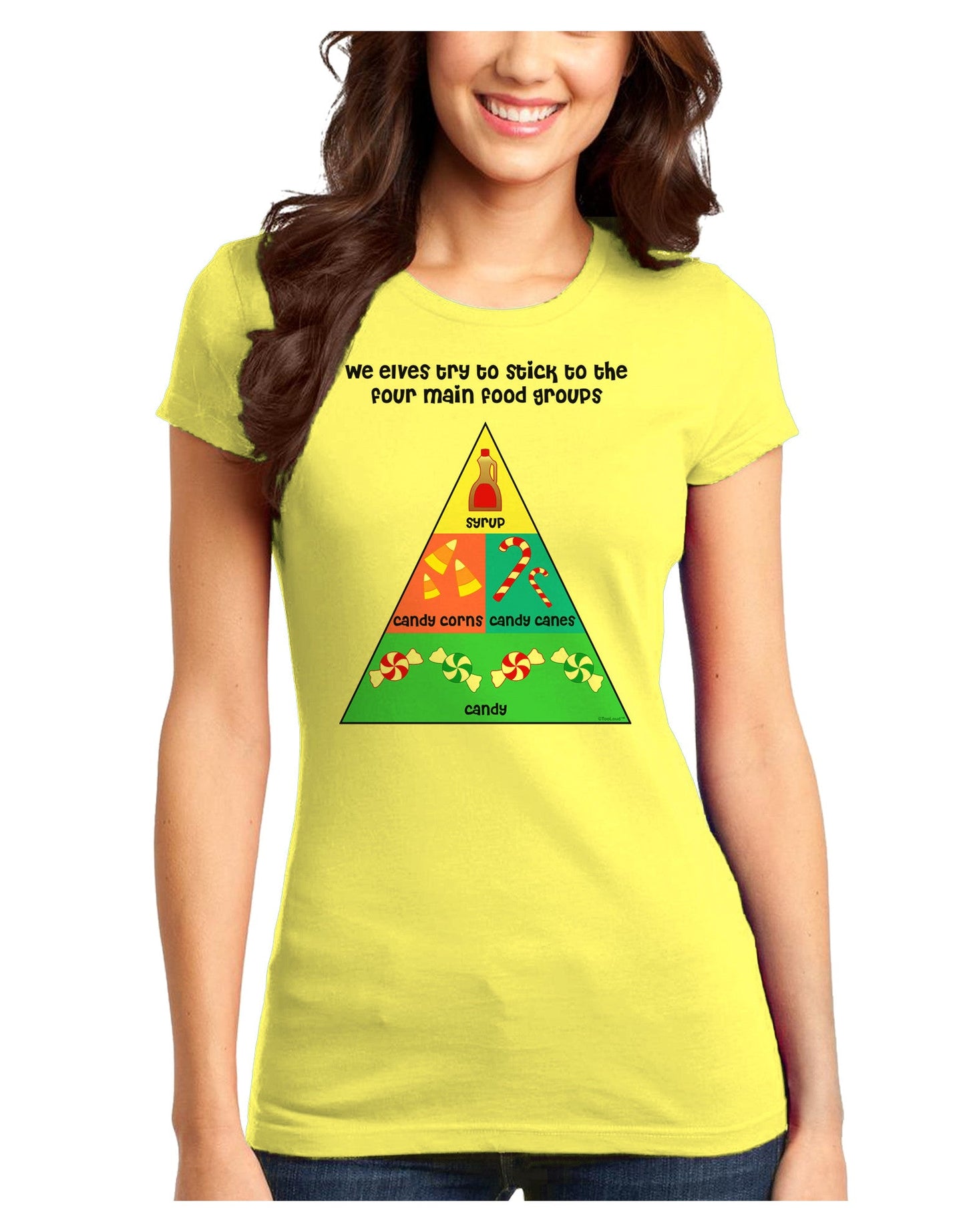 Main Food Groups of an Elf - Christmas Juniors T-Shirt-Womens Juniors T-Shirt-TooLoud-Yellow-Juniors Fitted XS-Davson Sales