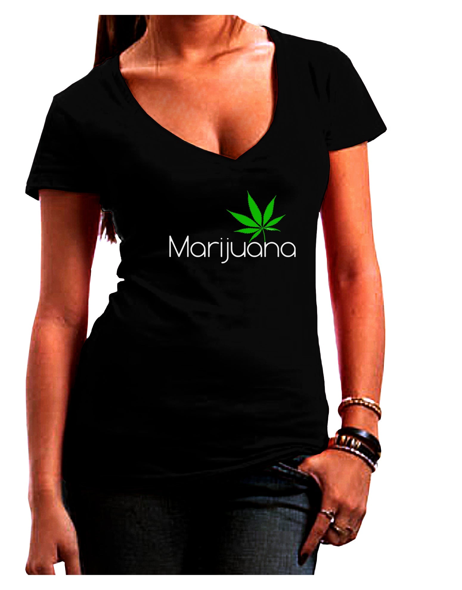 Marijuana Text and Leaf Juniors V-Neck Dark T-Shirt-Womens V-Neck T-Shirts-TooLoud-Black-Small-Davson Sales