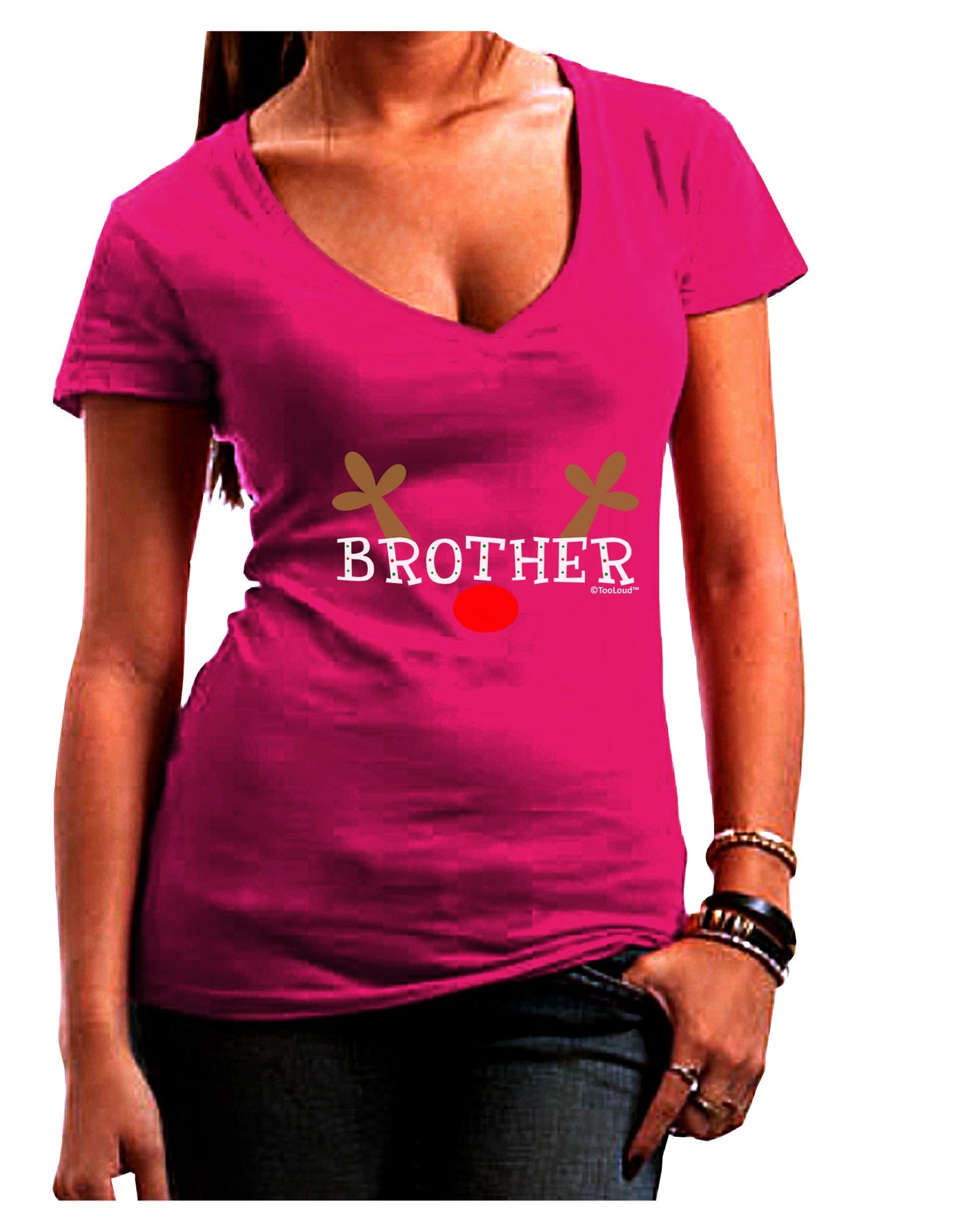 Matching Family Christmas Design - Reindeer - Brother Juniors V-Neck Dark T-Shirt by TooLoud-Womens V-Neck T-Shirts-TooLoud-Hot-Pink-Juniors Fitted Small-Davson Sales