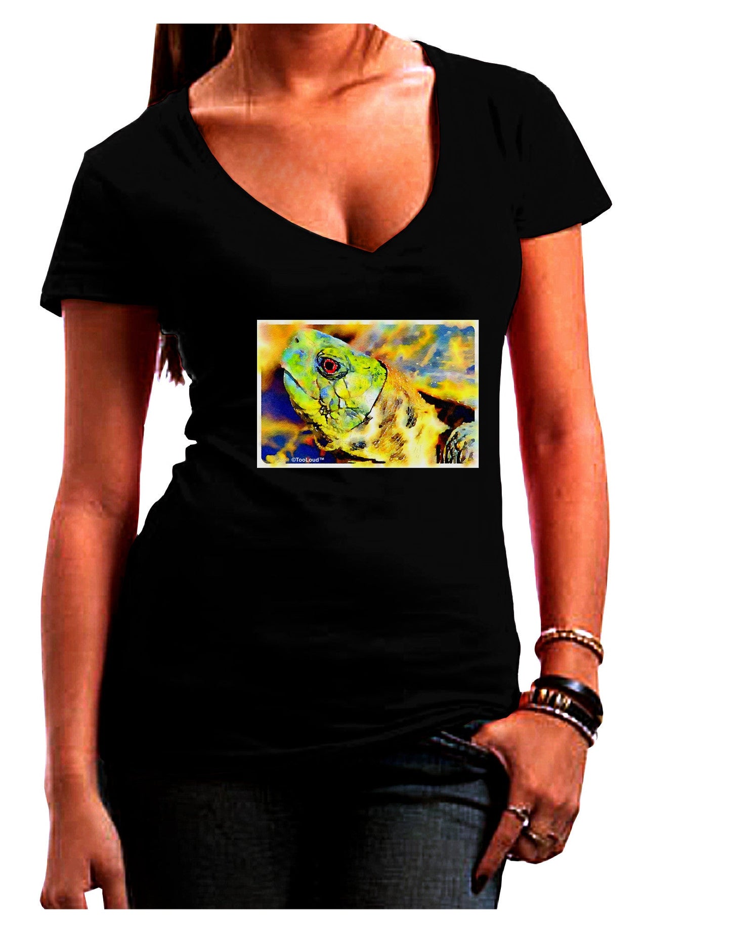 Menacing Turtle Watercolor Womens V-Neck Dark T-Shirt-Womens V-Neck T-Shirts-TooLoud-Black-Juniors Fitted Small-Davson Sales