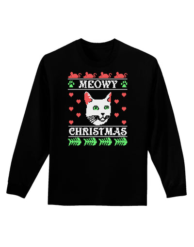 Meowy Christmas Cat Knit Look Adult Long Sleeve Dark T-Shirt-TooLoud-Black-Small-Davson Sales