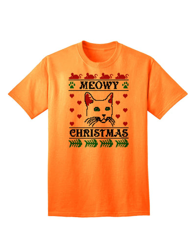 Meowy Christmas Cat Knit Look Adult T-Shirt-Mens T-Shirt-TooLoud-Neon-Orange-Small-Davson Sales