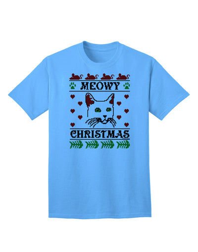 Meowy Christmas Cat Knit Look Adult T-Shirt-Mens T-Shirt-TooLoud-Aquatic-Blue-Small-Davson Sales