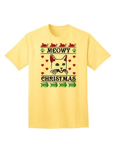 Meowy Christmas Cat Knit Look Adult T-Shirt-Mens T-Shirt-TooLoud-Yellow-Small-Davson Sales