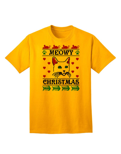 Meowy Christmas Cat Knit Look Adult T-Shirt-Mens T-Shirt-TooLoud-Gold-Small-Davson Sales