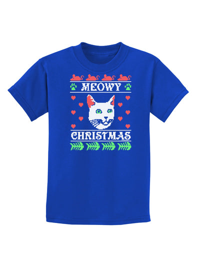 Meowy Christmas Cat Knit Look Childrens Dark T-Shirt-Childrens T-Shirt-TooLoud-Royal-Blue-X-Small-Davson Sales