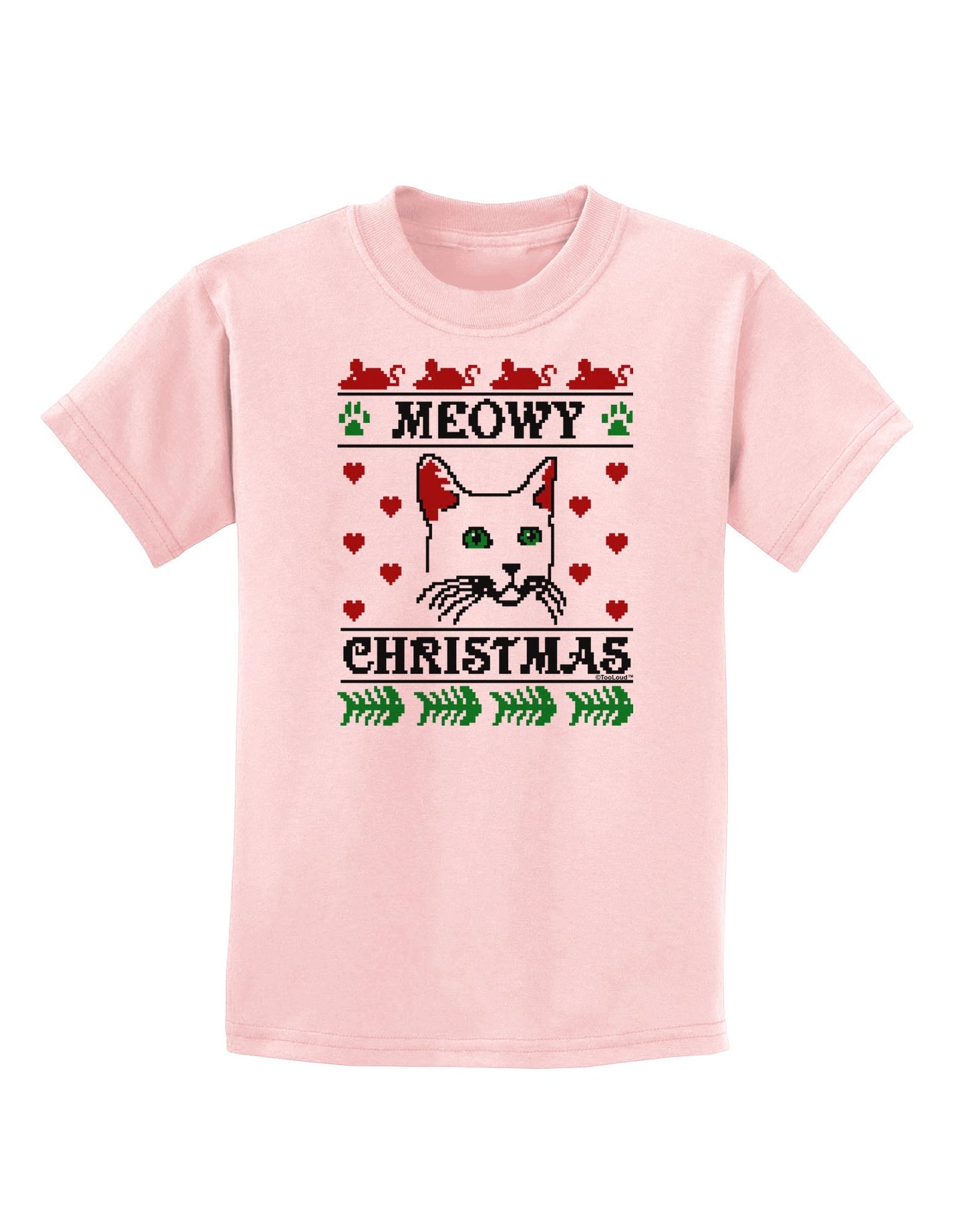Meowy Christmas Cat Knit Look Childrens T-Shirt-Childrens T-Shirt-TooLoud-PalePink-X-Small-Davson Sales