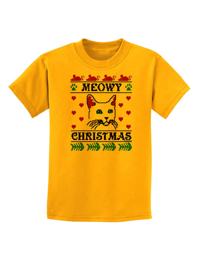 Meowy Christmas Cat Knit Look Childrens T-Shirt-Childrens T-Shirt-TooLoud-Gold-X-Small-Davson Sales