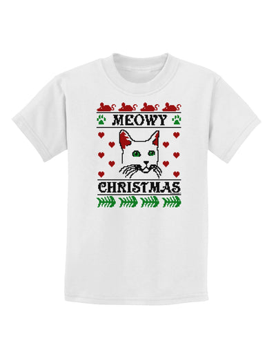 Meowy Christmas Cat Knit Look Childrens T-Shirt-Childrens T-Shirt-TooLoud-White-X-Small-Davson Sales