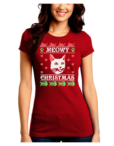 Meowy Christmas Cat Knit Look Juniors Crew Dark T-Shirt-T-Shirts Juniors Tops-TooLoud-Red-Juniors Fitted Small-Davson Sales