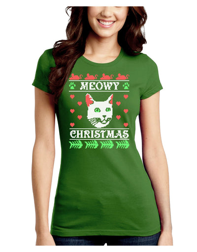 Meowy Christmas Cat Knit Look Juniors Crew Dark T-Shirt-T-Shirts Juniors Tops-TooLoud-Kiwi-Green-Juniors Fitted Small-Davson Sales