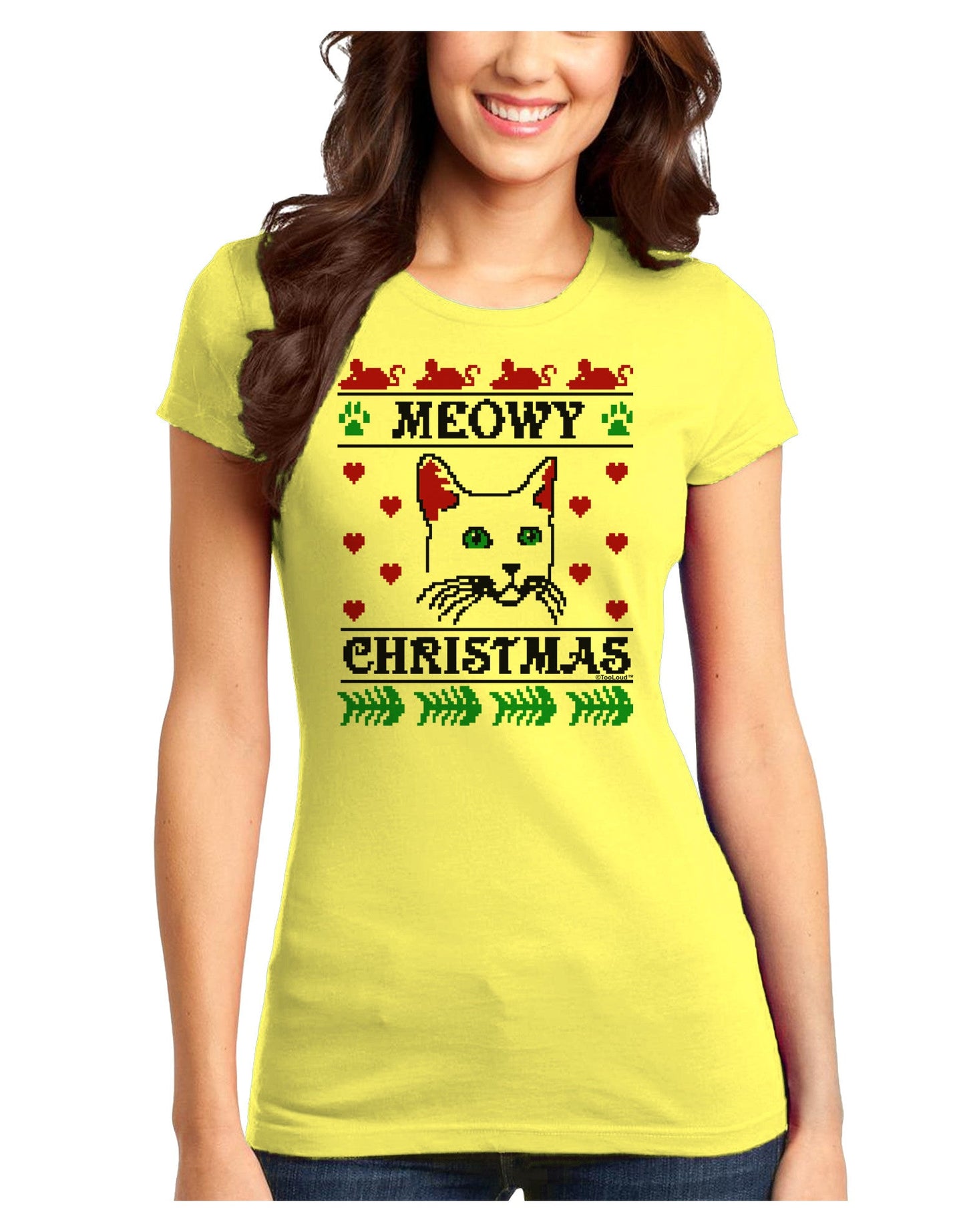Meowy Christmas Cat Knit Look Juniors T-Shirt-Womens Juniors T-Shirt-TooLoud-Yellow-Juniors Fitted X-Small-Davson Sales