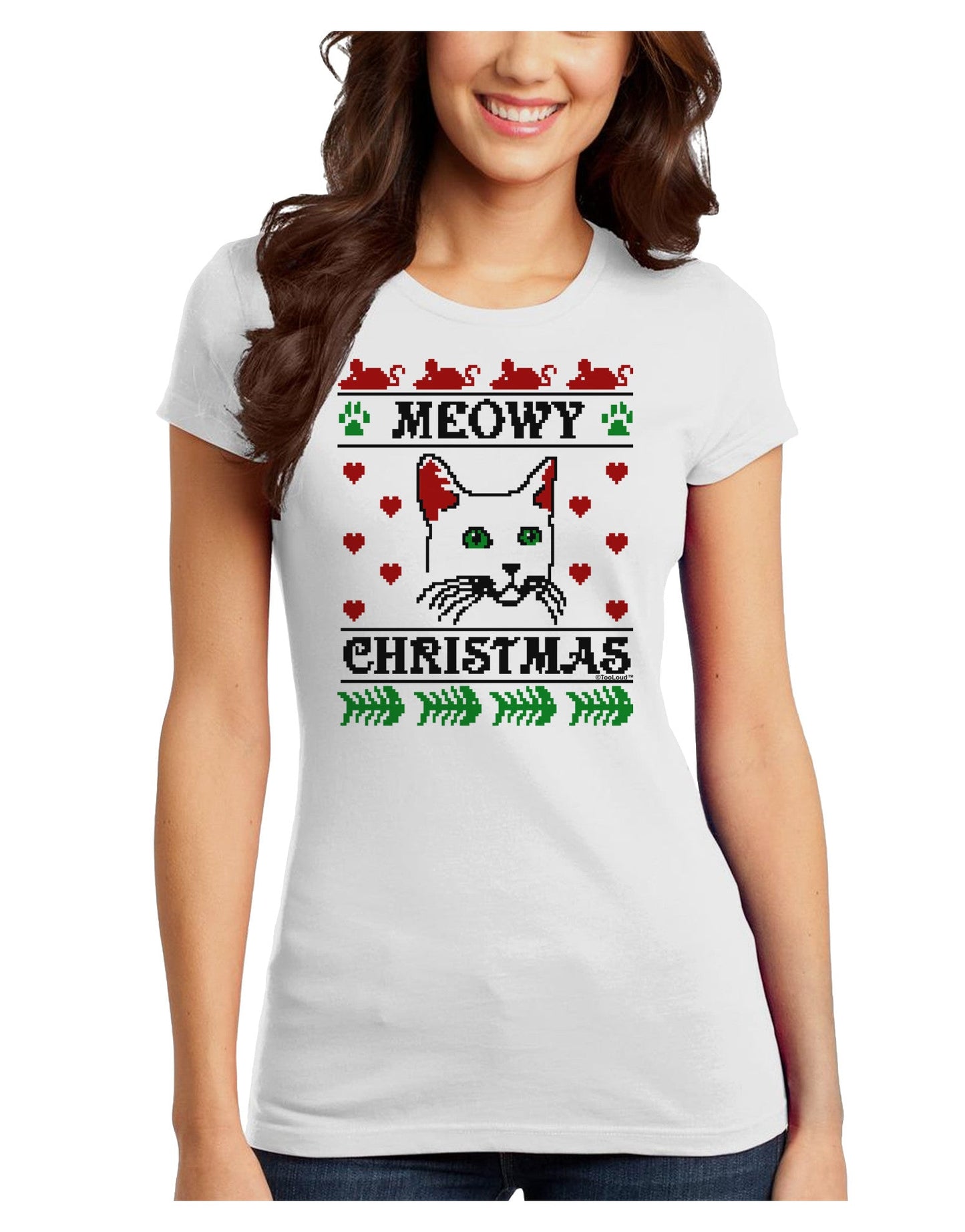 Meowy Christmas Cat Knit Look Juniors T-Shirt-Womens Juniors T-Shirt-TooLoud-White-Juniors Fitted X-Small-Davson Sales