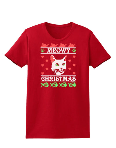 Meowy Christmas Cat Knit Look Womens Dark T-Shirt-TooLoud-Red-X-Small-Davson Sales