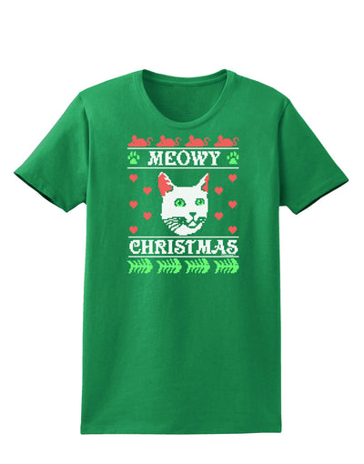 Meowy Christmas Cat Knit Look Womens Dark T-Shirt-TooLoud-Kelly-Green-X-Small-Davson Sales