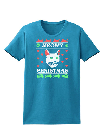 Meowy Christmas Cat Knit Look Womens Dark T-Shirt-TooLoud-Turquoise-X-Small-Davson Sales