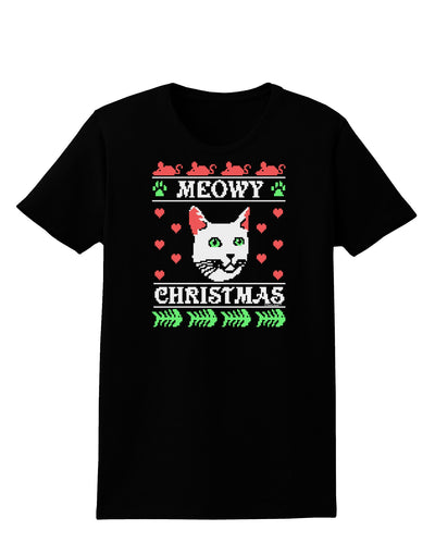 Meowy Christmas Cat Knit Look Womens Dark T-Shirt-TooLoud-Black-X-Small-Davson Sales