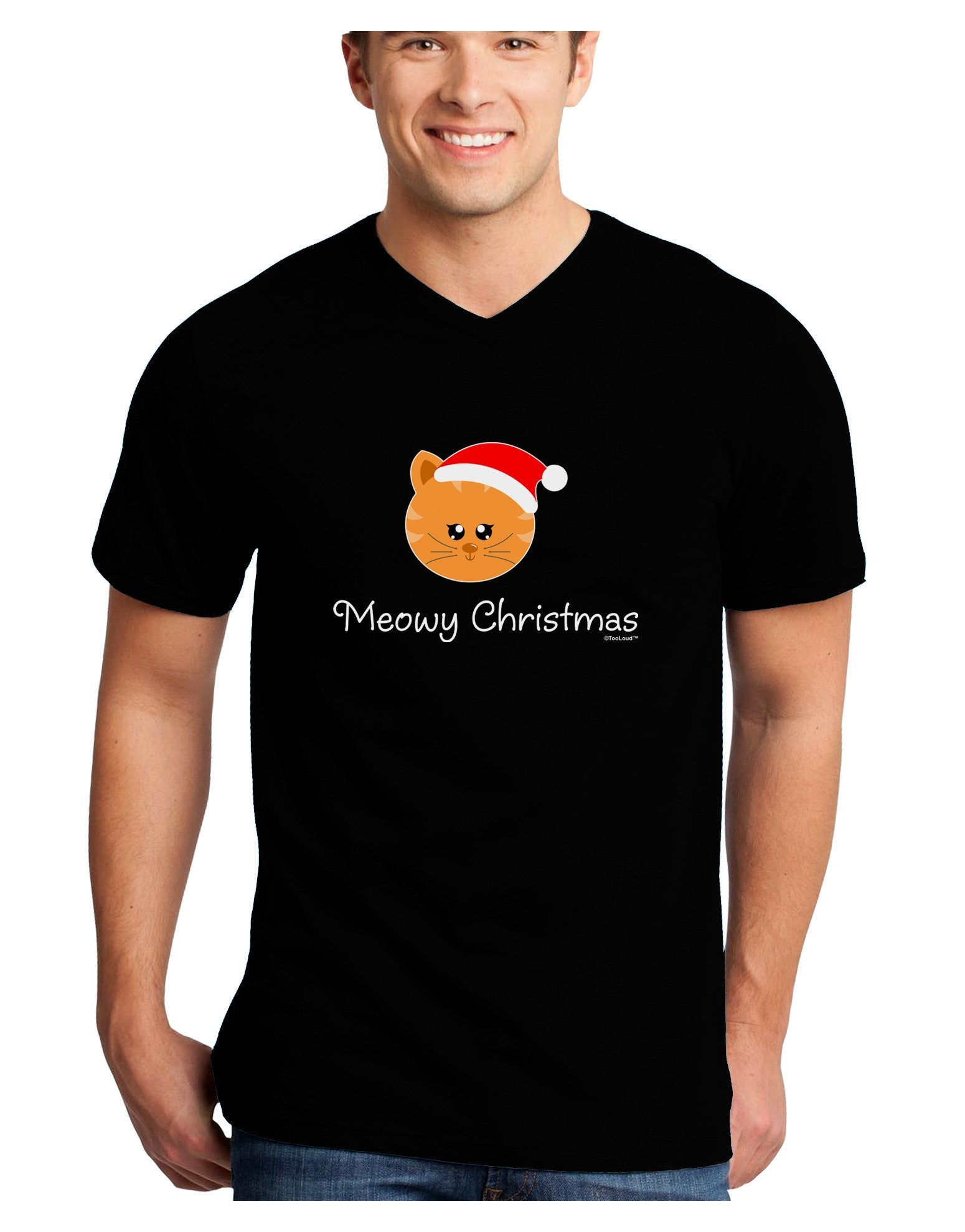 Meowy Christmas Cute Cat Santa Hat Adult Dark V-Neck T-Shirt-TooLoud-Black-Small-Davson Sales