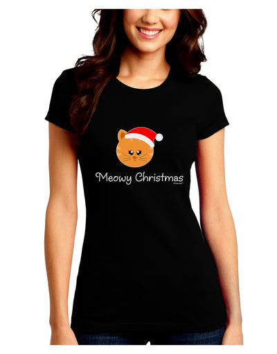 Meowy Christmas Cute Cat Santa Hat Juniors Crew Dark T-Shirt-T-Shirts Juniors Tops-TooLoud-Black-Juniors Fitted Small-Davson Sales