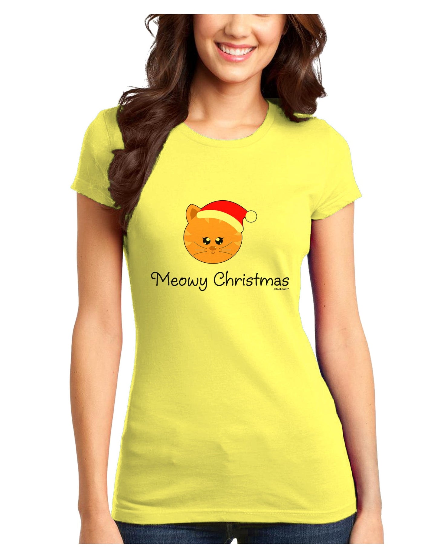 Meowy Christmas Cute Cat Santa Hat Juniors T-Shirt-Womens Juniors T-Shirt-TooLoud-Yellow-Juniors Fitted X-Small-Davson Sales