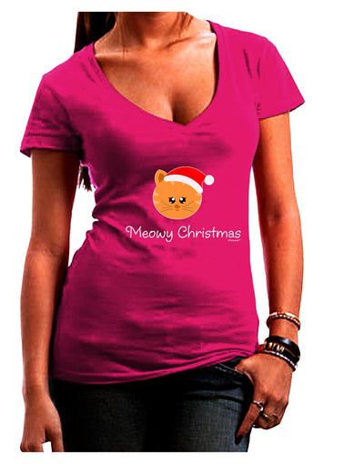 Meowy Christmas Cute Cat Santa Hat Juniors V-Neck Dark T-Shirt-Womens V-Neck T-Shirts-TooLoud-Hot-Pink-Juniors Fitted Small-Davson Sales