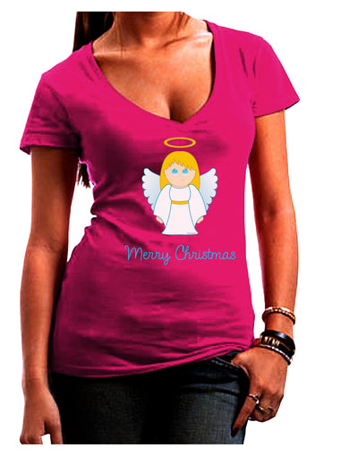 Merry Christmas Cute Angel Girl Juniors V-Neck Dark T-Shirt-Womens V-Neck T-Shirts-TooLoud-Hot-Pink-Juniors Fitted Small-Davson Sales