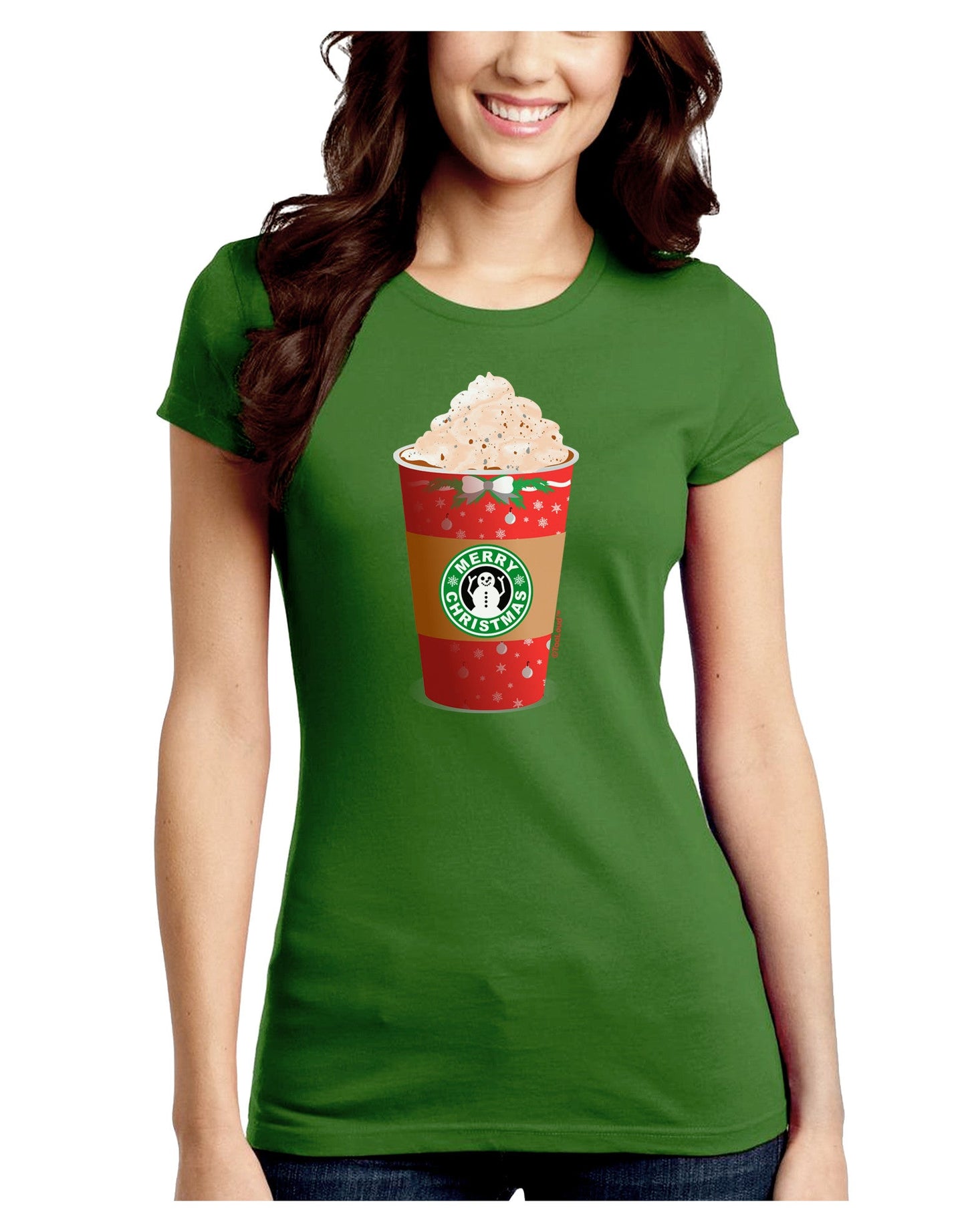 Merry Christmas Latte Cup Juniors Petite Crew Dark T-Shirt-T-Shirts Juniors Tops-TooLoud-Kiwi-Green-Juniors Fitted Small-Davson Sales
