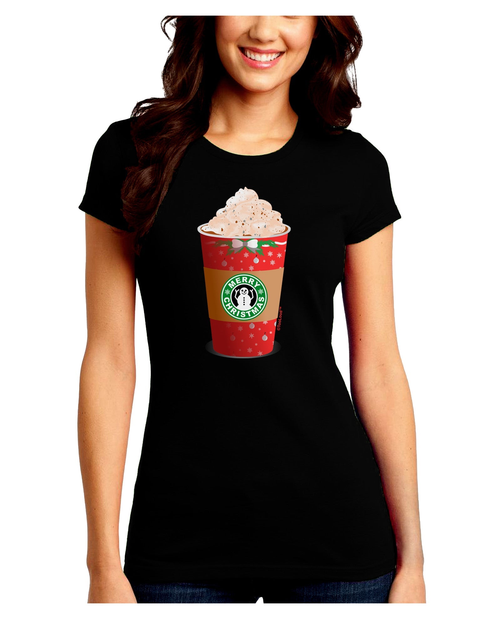 Merry Christmas Latte Cup Juniors Petite Crew Dark T-Shirt-T-Shirts Juniors Tops-TooLoud-Black-Juniors Fitted Small-Davson Sales