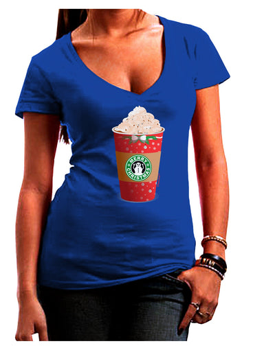 Merry Christmas Latte Cup Womens V-Neck Dark T-Shirt-Womens V-Neck T-Shirts-TooLoud-Royal-Blue-Juniors Fitted Small-Davson Sales