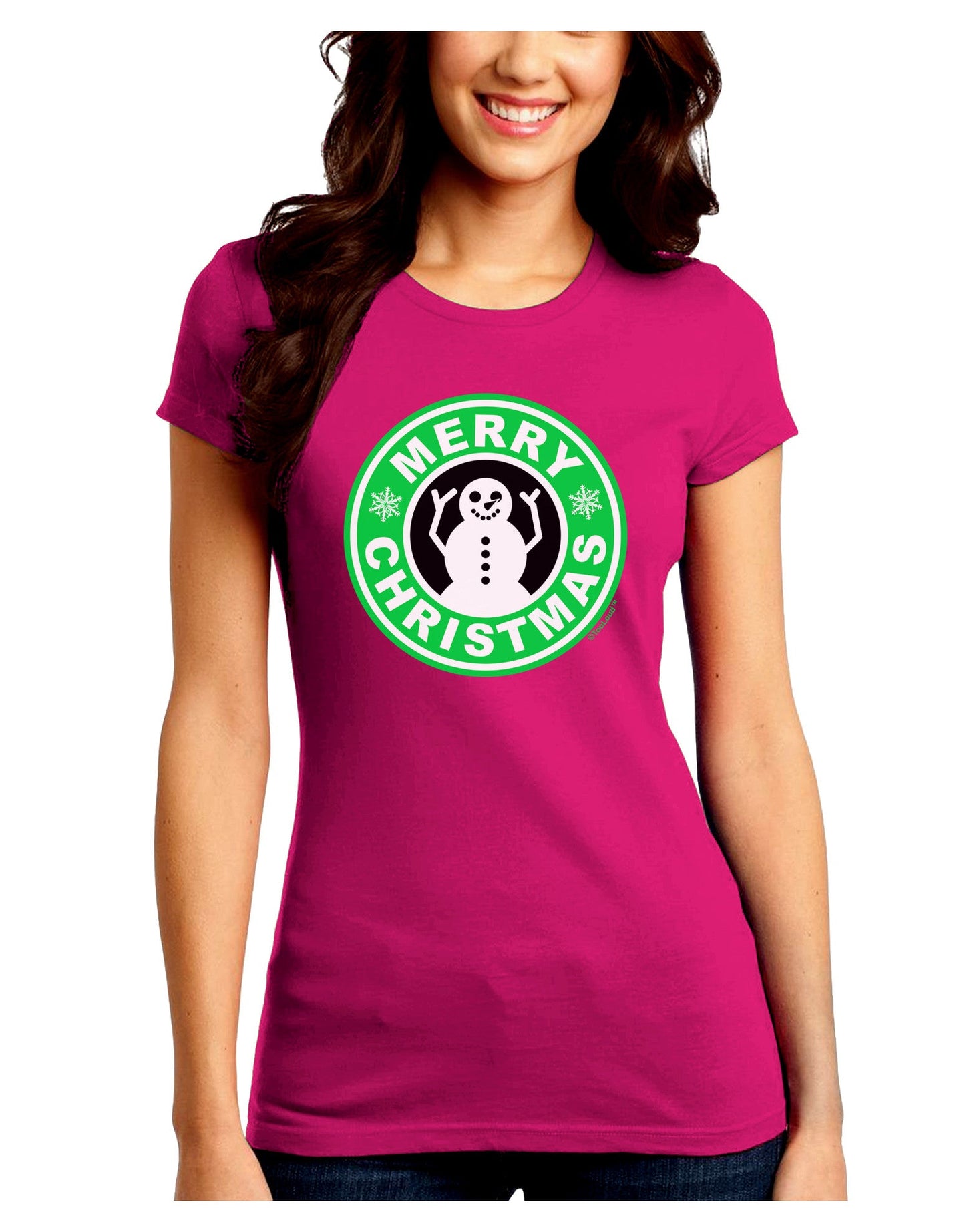 Merry Christmas Latte Logo Juniors Petite Crew Dark T-Shirt-T-Shirts Juniors Tops-TooLoud-Hot-Pink-Juniors Fitted Small-Davson Sales