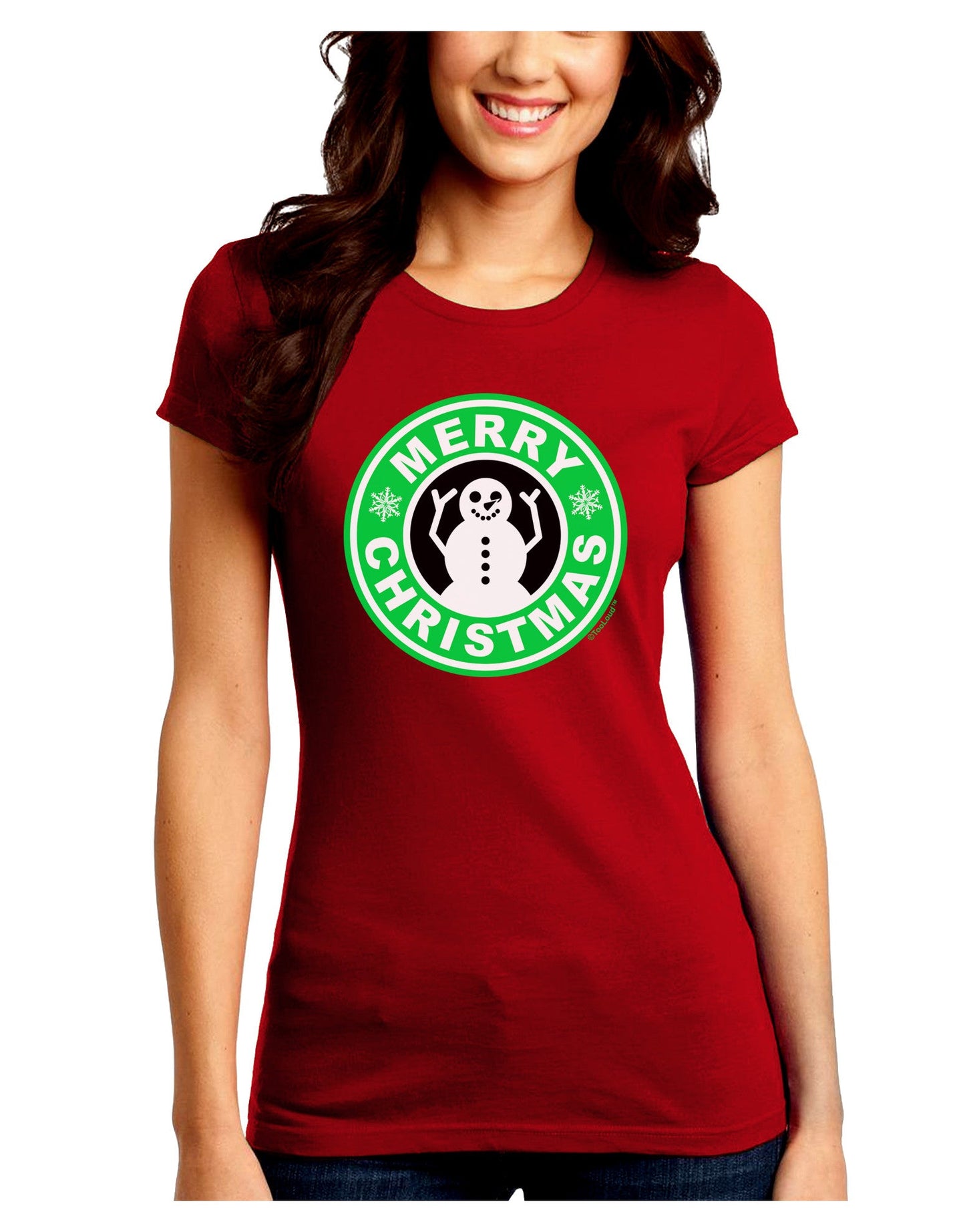 Merry Christmas Latte Logo Juniors Petite Crew Dark T-Shirt-T-Shirts Juniors Tops-TooLoud-Red-Juniors Fitted Small-Davson Sales