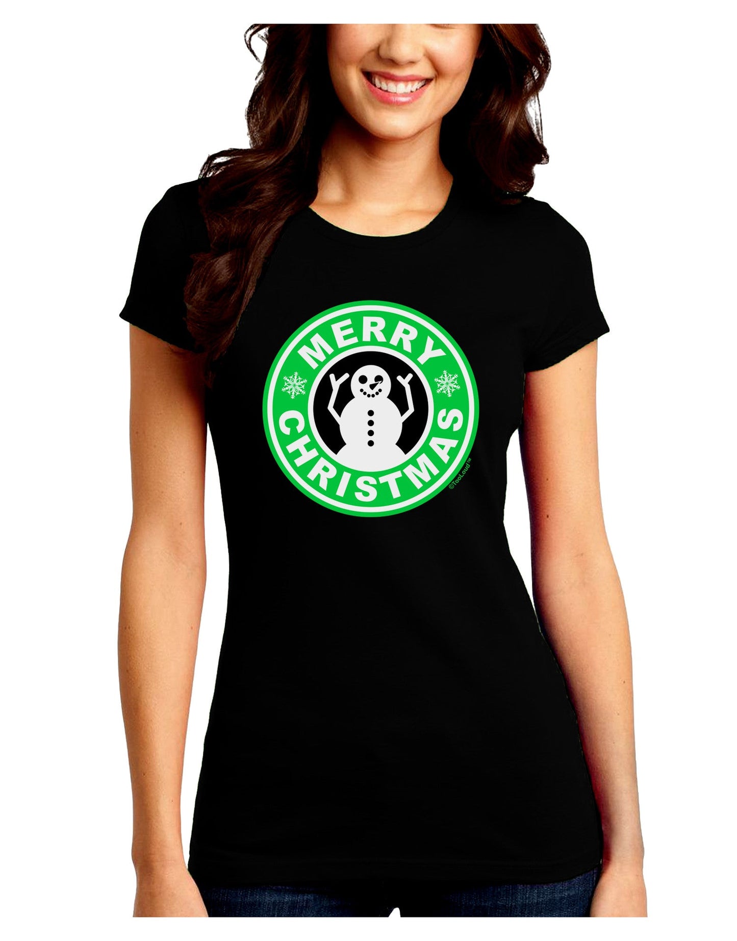 Merry Christmas Latte Logo Juniors Petite Crew Dark T-Shirt-T-Shirts Juniors Tops-TooLoud-Black-Juniors Fitted Small-Davson Sales