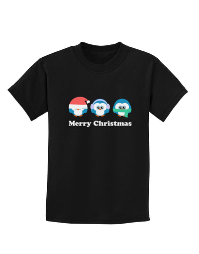 Merry Christmas Penguins See Hear Speak No Evil Childrens Dark T-Shirt-Childrens T-Shirt-TooLoud-Black-X-Small-Davson Sales