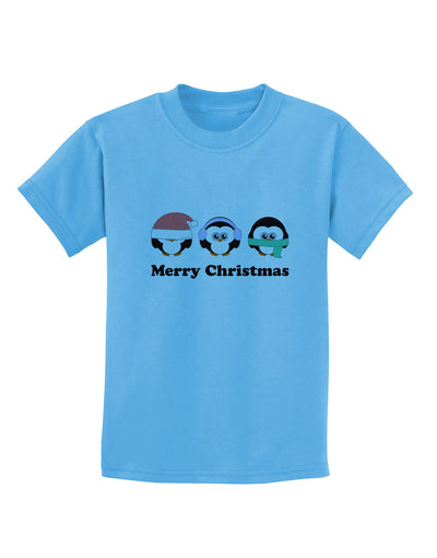 Merry Christmas Penguins See Hear Speak No Evil Childrens T-Shirt-Childrens T-Shirt-TooLoud-Aquatic-Blue-X-Small-Davson Sales