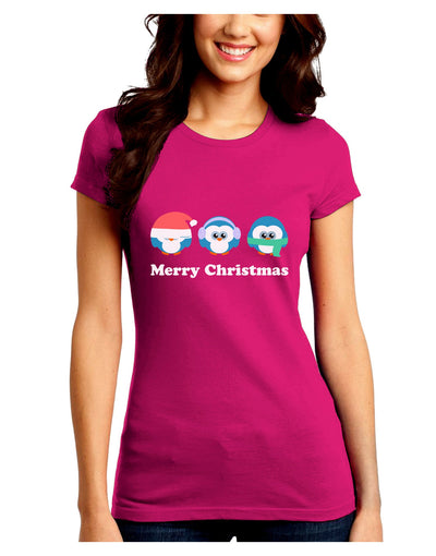 Merry Christmas Penguins See Hear Speak No Evil Juniors Crew Dark T-Shirt-T-Shirts Juniors Tops-TooLoud-Hot-Pink-Juniors Fitted Small-Davson Sales