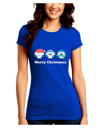 Merry Christmas Penguins See Hear Speak No Evil Juniors Crew Dark T-Shirt-T-Shirts Juniors Tops-TooLoud-Royal-Blue-Juniors Fitted Small-Davson Sales